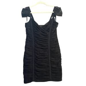 BCBG Maxazria Dress Womens Medium Cocktail Black Mesh Ruched Mini Cap Sleeve
